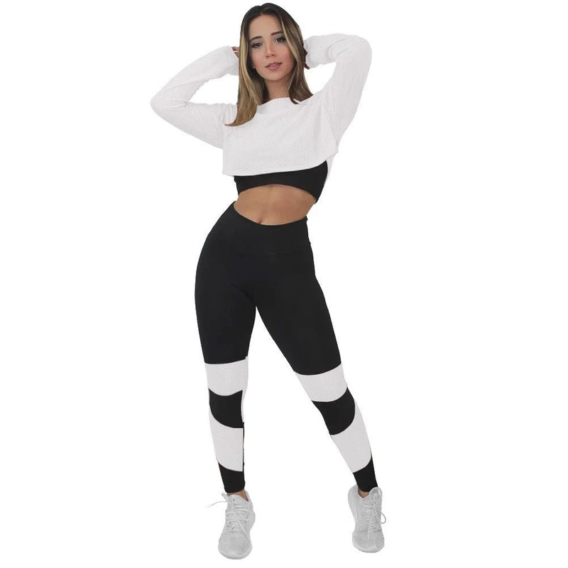 Conjunto Fitness Feminino Academia Cropped de Tela e Calça Legging Cintura Alta Preta com Detalhe em Tela - PérolaChic