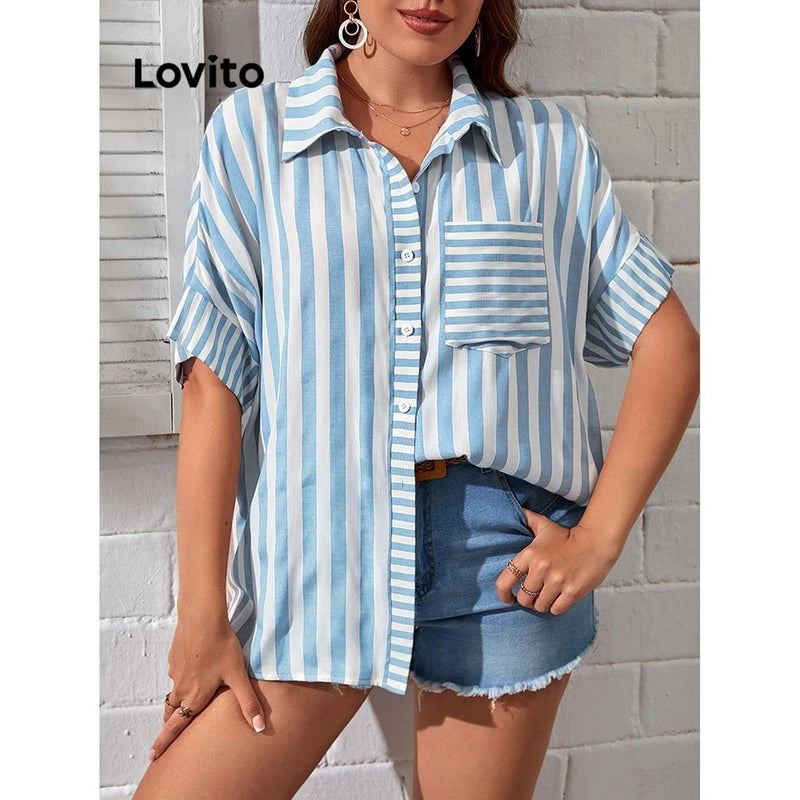 Lovito Plus Size Casual Blusa Feminina Listrada - PérolaChic
